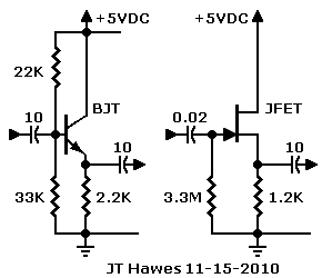 Schematic: Bipolar transistor and JFET buffers for 5-volt operation