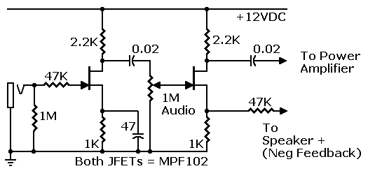 Schematic: JFET redesign
of Gibson input stages. Operates on 12 volts.