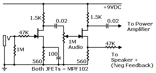 Schematic: JFET 
redesign of Gibson input stages. Operates on 9 volts.