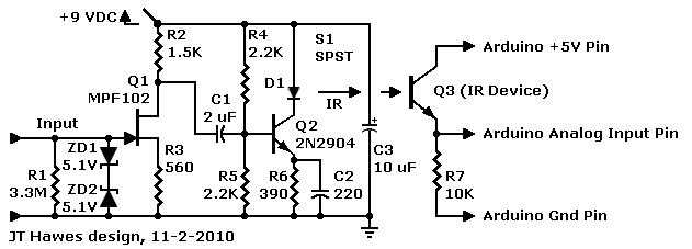 Schematic: DIY optocoupler for guitar and Arduino