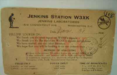 1928 QSL response card (skip reception report) for 
US-based, Jenkins mechanical TV station.