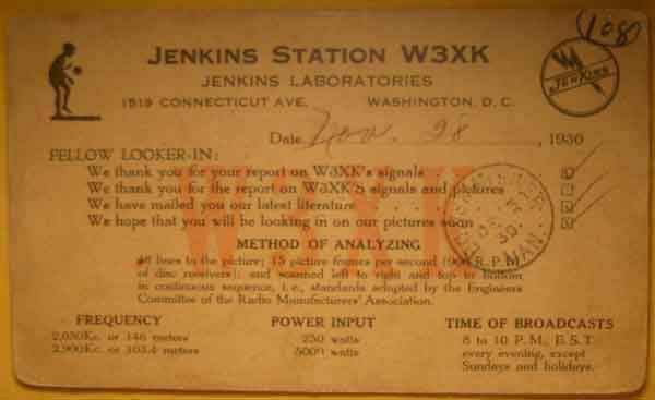 1930 QSL response card (skip reception report) for 
  U.S.-based, Jenkins mechanical TV station.