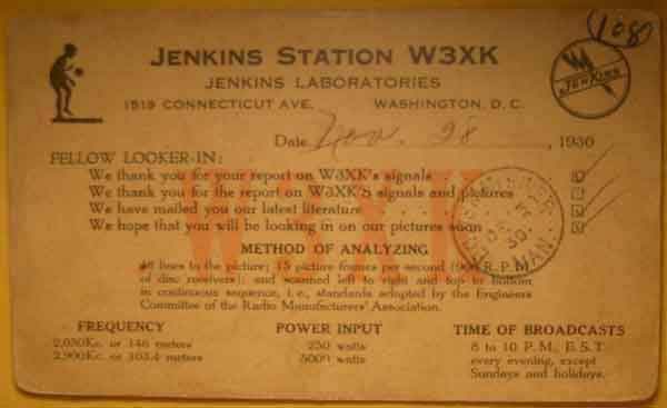 1930 QSL response card (skip reception report) for 
  U.S.-based, Jenkins mechanical TV station.