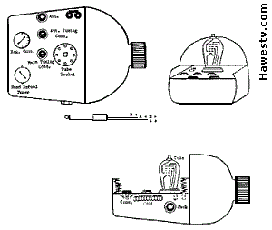 Drawing: POW
             regen radio from WWII (one 6J7 tube), hides inside army canteen