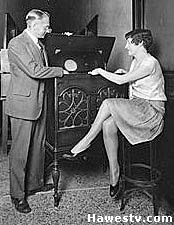 Photo: 
             Vladimir Zworykin demonstrates his kinescope TV to a model, 1929
