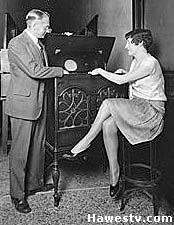 Photo: 
             Vladimir Zworykin demonstrates his kinescope TV to a model, 1929