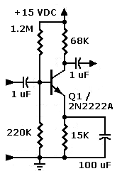 Example 
                    schematic: High-Z, inverting preamp.