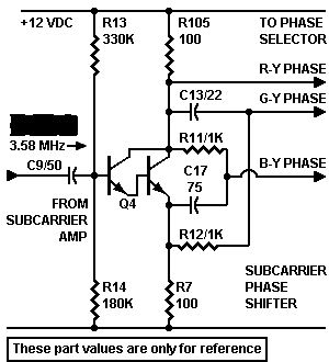 Schematic diagram of phase shifter. Circuit 
            accepts red phase reference. Outputs R, G, B phase references. (mechanisches Farbfernsehen)