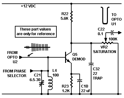 Schematic of transistor balanced demodulator for 
                Col-R-Tel chroma signals. Demodulates all three colors.