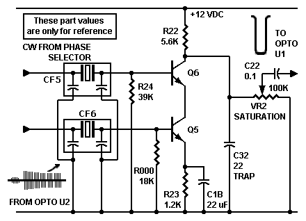 Alternate demodulator circuit 
substitutes ceramic filters for tuned circuits. Uses series
transistors to simulate the original Col-R-Tel circuit's pentagrid tube.