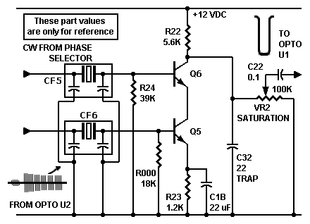 Alternate demodulator circuit 
substitutes ceramic filters for tuned circuits. Uses series
transistors to simulate the original Col-R-Tel circuit's pentagrid tube.