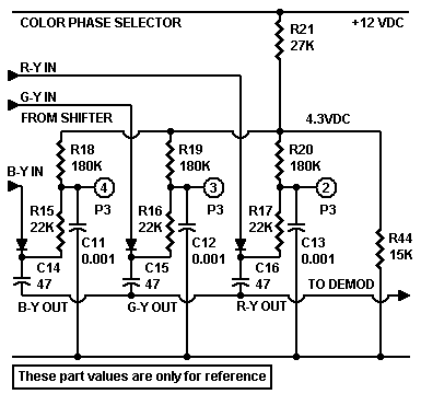 Col-R-Tel-like 
            color subcarrier phase-selector circuit. Uses silicon switching 
            diodes.