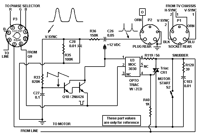 Schematic: Motor control circuit for solid-state Col-R-Tel circuit 
     (Farbfernsehen)