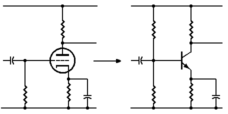 Schematic: Transistorizing a triode amplifier