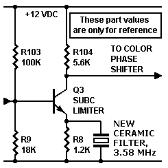 Schematic: Limiter with gain peak at 3.58 MHz (mechanisches Farbfernsehen)