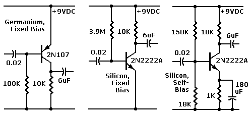 Schematic. Left: Germanium, fixed-bias circuit from
Chapter 4. Center: Silicon conversion. Right: Silicon conversion with self-bias (stabler).