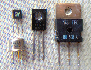 Photo: Four used transistors of 
       various types, that an amateur desoldered and salvaged from old equipment