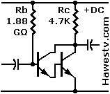 Schematic: Darlington with mammoth base resistor: Showing impracticality
                          of one-resistor bias for Darlingtons