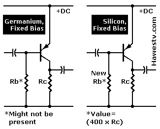 Schematics: 
 Fixed-bias circuits, adapting germanium to silicon circuit
